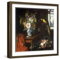 A Still Life with a Blue and White Porcelain Vase of Assorted Flowers-Olaf August Hermansen-Framed Giclee Print