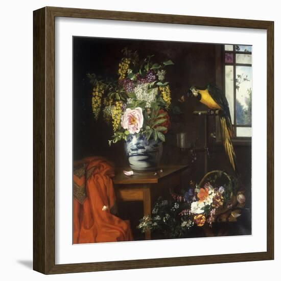 A Still Life with a Blue and White Porcelain Vase of Assorted Flowers-Olaf August Hermansen-Framed Giclee Print