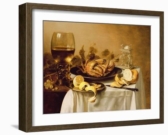 A Still Life with a Roemer, a Crab and a Peeled Lemon on a Pewter Plate, a Bunch of Grapes, a…-Pieter Claesz-Framed Giclee Print