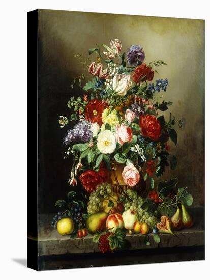 A Still Life with Assorted Flowers, Fruit and Insects on a Ledge-Amalie Kaercher-Stretched Canvas