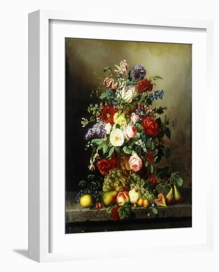 A Still Life with Assorted Flowers, Fruit and Insects on a Ledge-Amalie Kaercher-Framed Giclee Print