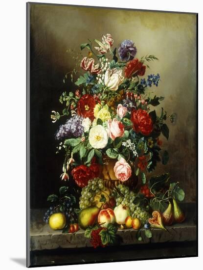 A Still Life with Assorted Flowers, Fruit and Insects on a Ledge-Amalie Kaercher-Mounted Giclee Print