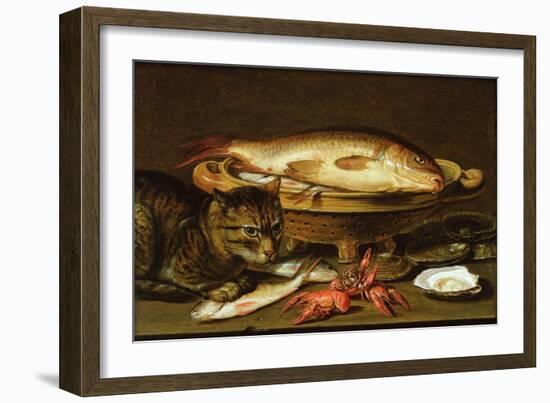 A Still Life with Carp in a Ceramic Colander, Oysters, Crayfish, Roach and a Cat on the Ledge…-Clara Peeters-Framed Giclee Print