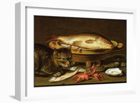 A Still Life with Carp in a Ceramic Colander, Oysters, Crayfish, Roach and a Cat on the Ledge…-Clara Peeters-Framed Giclee Print