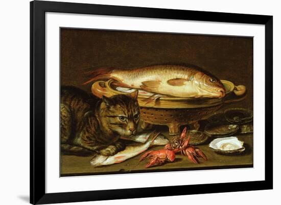 A Still Life with Carp in a Ceramic Colander, Oysters, Crayfish, Roach and a Cat on the Ledge…-Clara Peeters-Framed Giclee Print