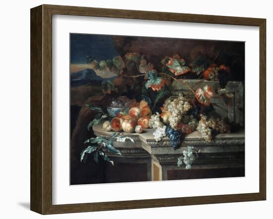 A Still Life with Grapes and Peaches on a Stone Ledge in a Landscape-Arnold Boonen-Framed Giclee Print