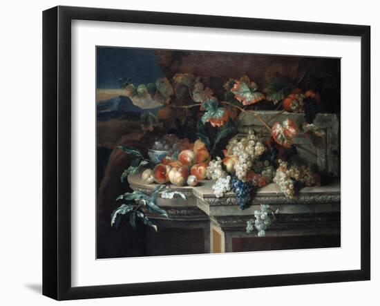 A Still Life with Grapes and Peaches on a Stone Ledge in a Landscape-Arnold Boonen-Framed Giclee Print