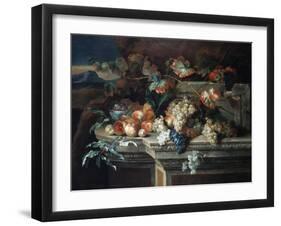 A Still Life with Grapes and Peaches on a Stone Ledge in a Landscape-Arnold Boonen-Framed Giclee Print