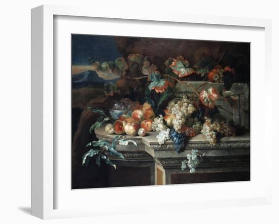 A Still Life with Grapes and Peaches on a Stone Ledge in a Landscape-Arnold Boonen-Framed Giclee Print