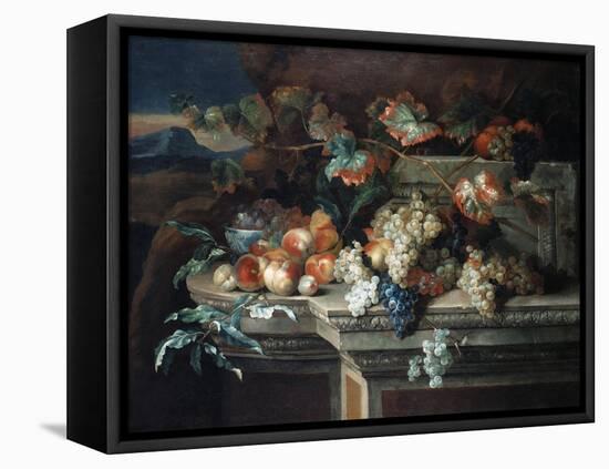 A Still Life with Grapes and Peaches on a Stone Ledge in a Landscape-Arnold Boonen-Framed Stretched Canvas