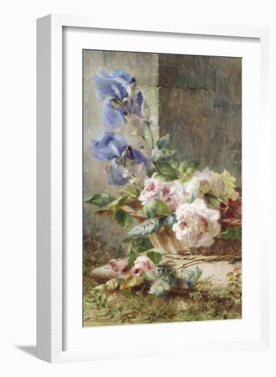 A Still Life with Irises and Roses in a Basket-Ermocrate Bucchi-Framed Giclee Print