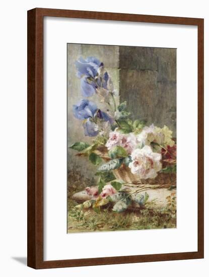 A Still Life with Irises and Roses in a Basket-Ermocrate Bucchi-Framed Giclee Print