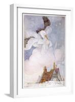 A Stork Flies over the Rooftops to Bring a Baby in a Basket-null-Framed Art Print