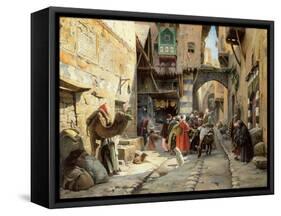 A Street Scene, Damascus (Oil on Panel)-Gustave Bauernfeind-Framed Stretched Canvas