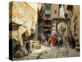 A Street Scene, Damascus (Oil on Panel)-Gustave Bauernfeind-Stretched Canvas