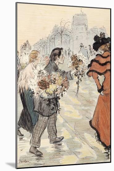 A Street Scene with Flower Vendors-Théophile Alexandre Steinlen-Mounted Giclee Print