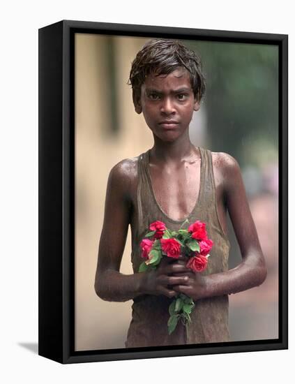 A Street Urchin, Name Unknown, Waits in Line Outside St. Thomas' Church with a Bouquet of Flowers-null-Framed Stretched Canvas