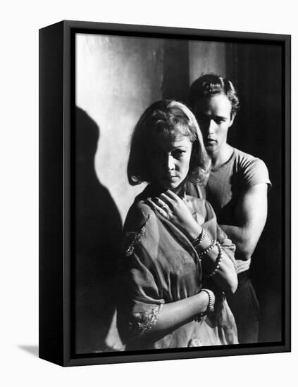 A STREETCAR NAMED DESIRE, 1951 directed by ELIA KAZAN with Vivien Leigh and Marlon Brando (b/w phot-null-Framed Stretched Canvas