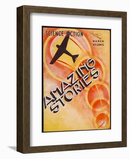 A Stylised Cover Showing an Aeroplane Flying Through Circles of Light-null-Framed Photographic Print