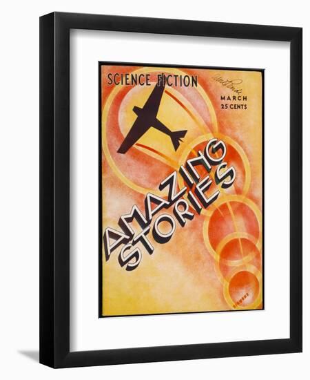 A Stylised Cover Showing an Aeroplane Flying Through Circles of Light-null-Framed Photographic Print