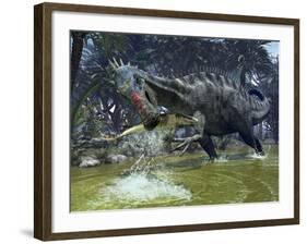 A Suchomimus Snags a Shark from a Lush Estuary-Stocktrek Images-Framed Photographic Print