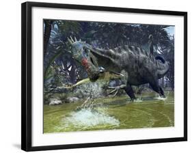 A Suchomimus Snags a Shark from a Lush Estuary-Stocktrek Images-Framed Photographic Print