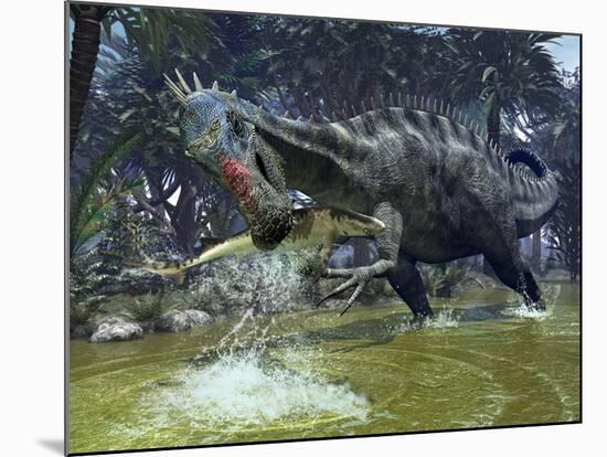 A Suchomimus Snags a Shark from a Lush Estuary-Stocktrek Images-Mounted Photographic Print