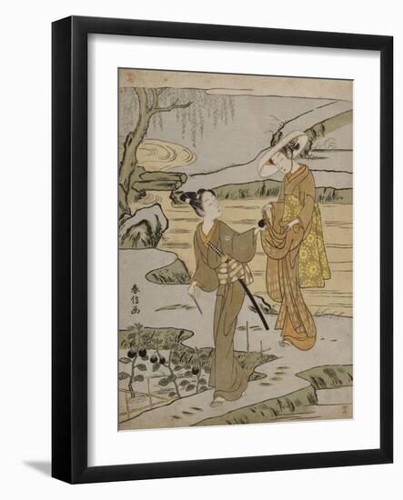 A Summer Scene on a Raised Embankment of a Young Man Cutting an Aubergine to Give to His Young…-Suzuki Harunobu-Framed Giclee Print