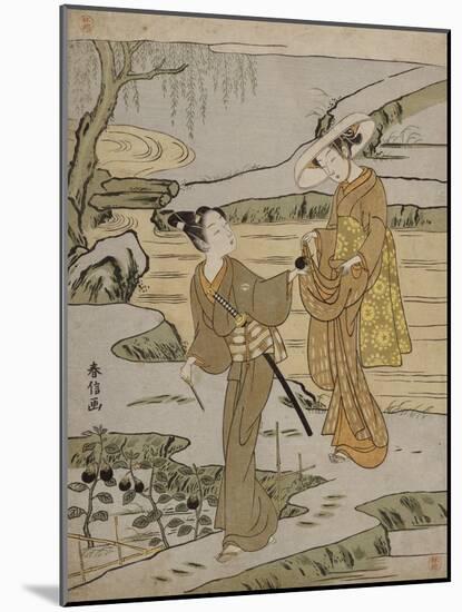 A Summer Scene on a Raised Embankment of a Young Man Cutting an Aubergine to Give to His Young…-Suzuki Harunobu-Mounted Giclee Print