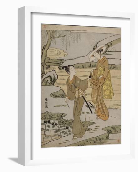 A Summer Scene on a Raised Embankment of a Young Man Cutting an Aubergine to Give to His Young…-Suzuki Harunobu-Framed Giclee Print