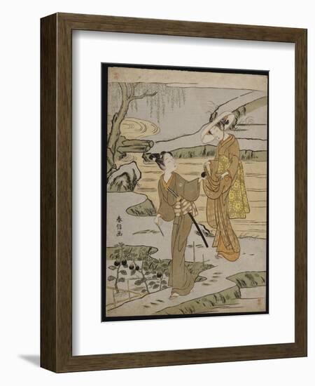 A Summer Scene on a Raised Embankment of a Young Man Cutting an Aubergine-Suzuki Harunobu-Framed Giclee Print