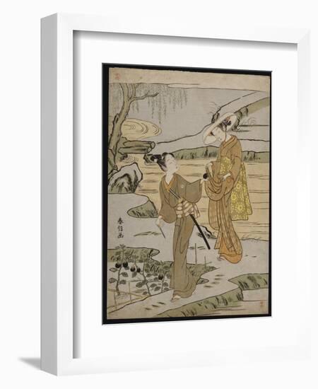 A Summer Scene on a Raised Embankment of a Young Man Cutting an Aubergine-Suzuki Harunobu-Framed Giclee Print