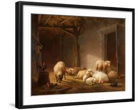 A Sunlit Barn with Ewes, Lambs and Chickens-Eugene Joseph Verboeckhoven-Framed Giclee Print