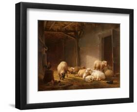 A Sunlit Barn with Ewes, Lambs and Chickens-Eugene Joseph Verboeckhoven-Framed Premium Giclee Print