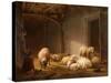 A Sunlit Barn with Ewes, Lambs and Chickens-Eugene Joseph Verboeckhoven-Stretched Canvas