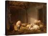 A Sunlit Barn with Ewes, Lambs and Chickens-Eugene Joseph Verboeckhoven-Stretched Canvas