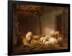 A Sunlit Barn with Ewes, Lambs and Chickens-Eugene Joseph Verboeckhoven-Framed Giclee Print