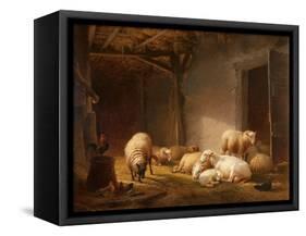 A Sunlit Barn with Ewes, Lambs and Chickens-Eugene Joseph Verboeckhoven-Framed Stretched Canvas