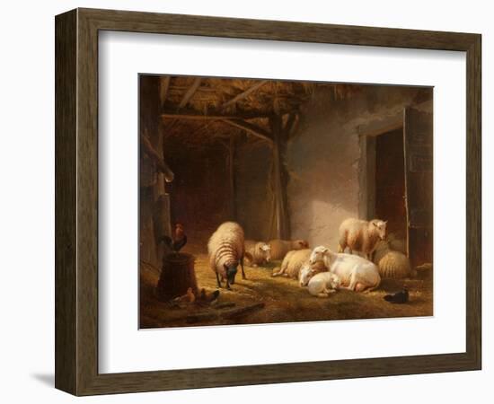 A Sunlit Barn with Ewes, Lambs and Chickens-Eugene Joseph Verboeckhoven-Framed Giclee Print