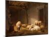 A Sunlit Barn with Ewes, Lambs and Chickens-Eugene Joseph Verboeckhoven-Mounted Giclee Print