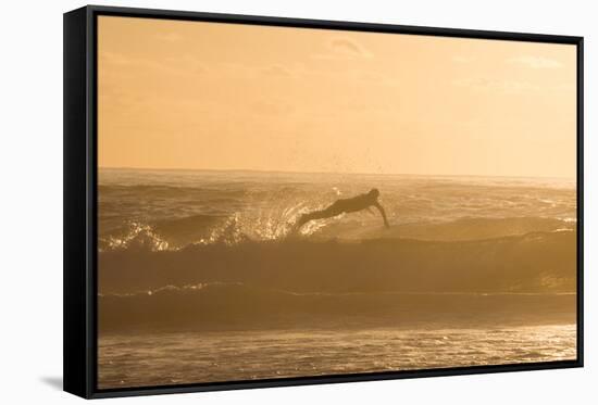 A Surfer Dives over a Wave on Praia Da Joaquina Beach on Florianopolis Island-Alex Saberi-Framed Stretched Canvas