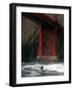 A Surfer is Dwarfed by the Northern End of the Golden Gate Bridge While Riding the Waves-null-Framed Photographic Print