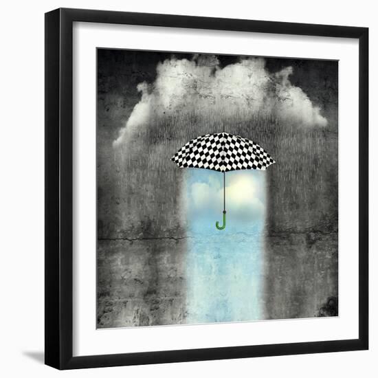 A Surreal Image of an Umbrella Checkered Black and White, Where below it There is Good Weather and-Valentina Photos-Framed Photographic Print