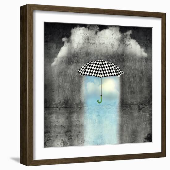 A Surreal Image of an Umbrella Checkered Black and White, Where below it There is Good Weather and-Valentina Photos-Framed Photographic Print