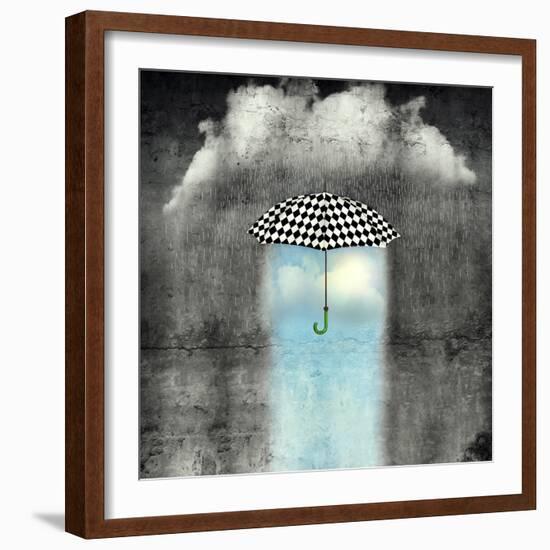 A Surreal Image of an Umbrella Checkered Black and White, Where below it There is Good Weather and-Valentina Photos-Framed Photographic Print