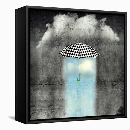 A Surreal Image of an Umbrella Checkered Black and White, Where below it There is Good Weather and-Valentina Photos-Framed Stretched Canvas