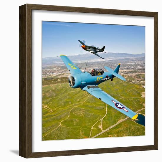 A T-6 Texan and P-51D Mustang in Flight over Chino, California-null-Framed Photographic Print