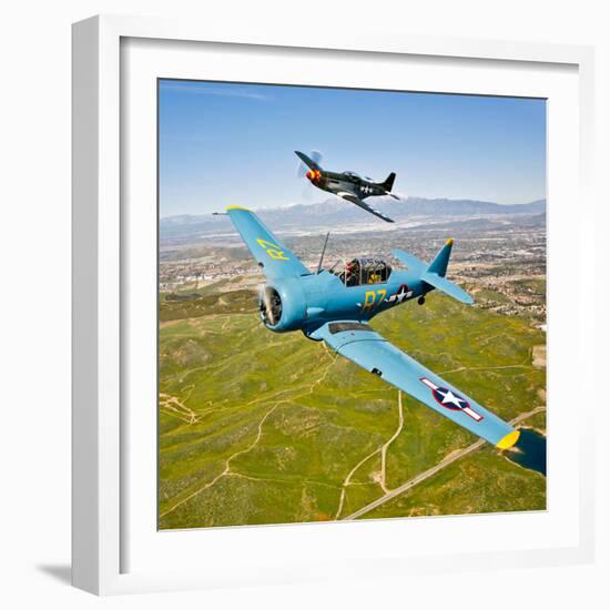 A T-6 Texan and P-51D Mustang in Flight over Chino, California-null-Framed Photographic Print