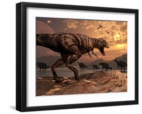 A T-Rex Plans His Attack on a Herd of Parasaurolophus Dinosaurs-Stocktrek Images-Framed Photographic Print