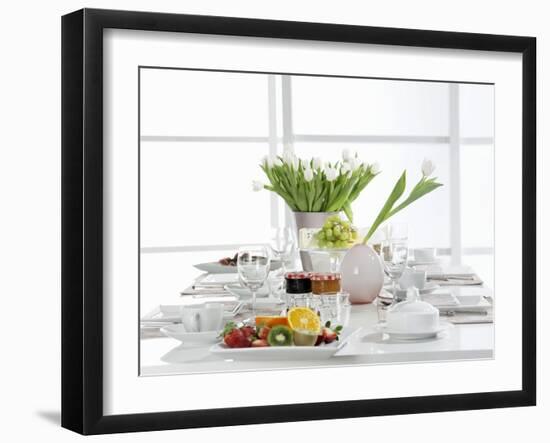 A Table Laid for Breakfast with White Tulips and Fruit-Karin Hessmann-Framed Photographic Print